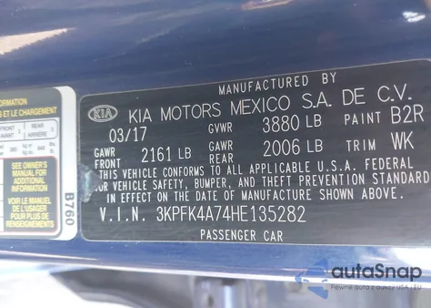 2017 Kia Forte Lx from USA, damaged, VIN 3KPFK4A74HE135282